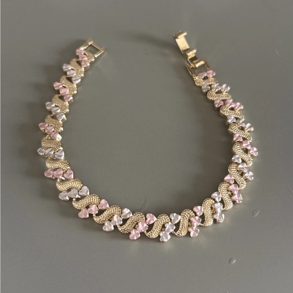 Gold Plated Pink Silver Enamel Heart Link Bracelet Textured Statement Bracelet
